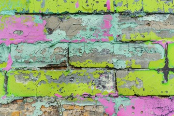 Flaking paint on a brick wall reveals layers of color underneath, creating an abstract and textured background. This weathered wall tells a story of time passing and elements taking their toll
