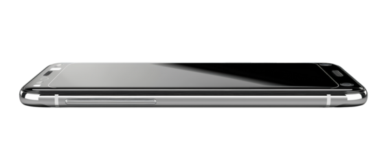 A sleek, silver smartphone laying on a black surface.