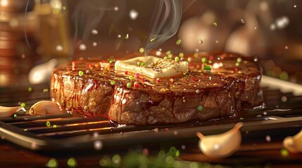 Juicy steak sizzling on a grill with melting butter on top, garnished with herbs and garlic cloves, perfect for a delicious gourmet meal.