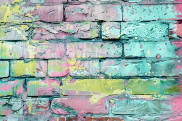 Weathered multi-colored brick wall with peeling paint forming an abstract background, perfect for design projects needing a grunge texture