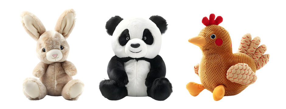 Three plush toys: a cute bunny, a cuddly panda, and a cheerful chicken, sitting side by side.  Isolated on transparent background.