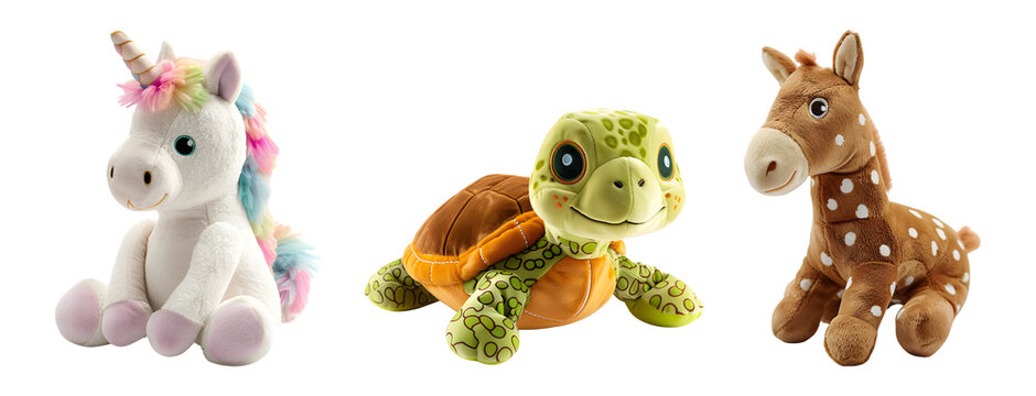 Three plush toys: a colorful unicorn, a cute turtle, and a spotted horse, sitting side by side. Isolated on transparent background.
