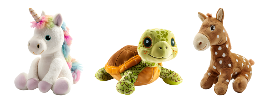 Three plush toys: a colorful unicorn, a cute turtle, and a spotted horse, sitting side by side. Isolated on transparent background.
