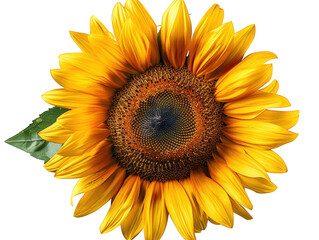 A vibrant yellow sunflower with a dark center, a single green leaf adds to the beauty of the bloom.