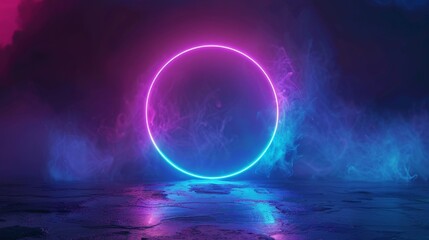 Glowing Neon Circle with Smoke and Reflections on Concrete