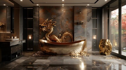 Luxurious bathroom with a golden dragon-themed bathtub and elegant decor reflecting affluence and exclusivity. 