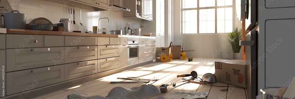 Poster upgrading a kitchen with new cabinets, countertops, and tools in progress. shows transformation from