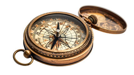 A vintage brass compass with a compass needle pointing north. The compass is open and the lid is lying next to it.