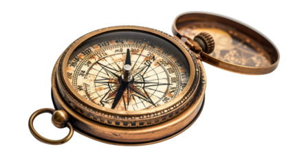 A vintage brass compass with a compass needle pointing north. The compass is open and the lid is lying next to it.