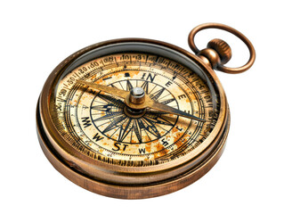 A vintage brass compass with a worn, aged appearance, pointing north.