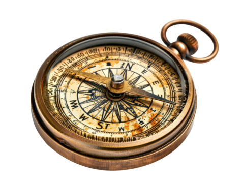 A vintage brass compass with a worn, aged appearance, pointing north.