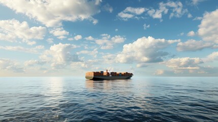 A container ship at anchor in the middle of the ocean, surrounded by endless water and sky, with space in the sky for adding text or promotional messages 