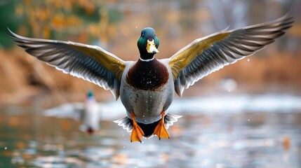 Close up shot of Mallard duck in flight over lake with spread wings
