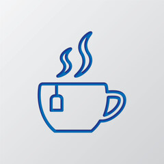 Cup of tea simple icon vector. Flat design. Paper cut design. Cutted blue symbol with shadow. Gray background