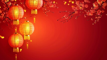 Red Chinese Lanterns with Plum Blossoms on Red Background