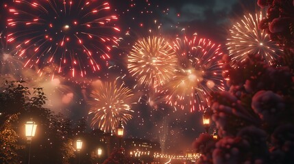 Fireworks at night 4th of July New Year evening