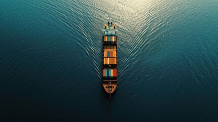 An overhead drone shot of a container ship surrounded by containers on a vast open sea, against a minimalist blue or gray background, emphasizing the ship's role in global trade and commerce 