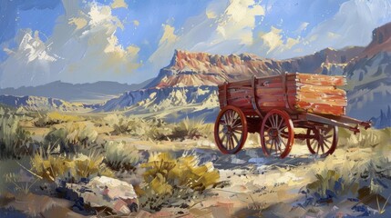 Obraz premium An abandoned wagon in a desert mountain landscape