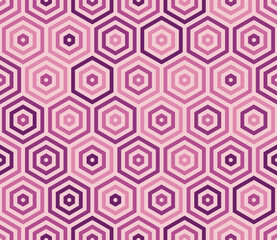 Pattern of hexagon shapes. Stacked hexagon bold mosaic cell. Purple color tones. Large hexagon shapes. Tileable pattern. Seamless vector illustration.