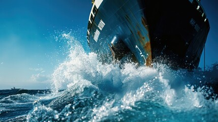 A close-up shot of a container ship's bow cutting through the waves, with the ship's name and flag visible, against a clear blue sky or ocean backdrop