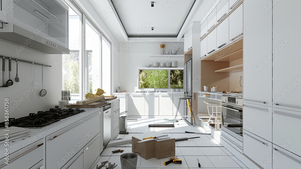 Poster a modern kitchen undergoing a renovation with new cabinets and countertops being installed. the scen
