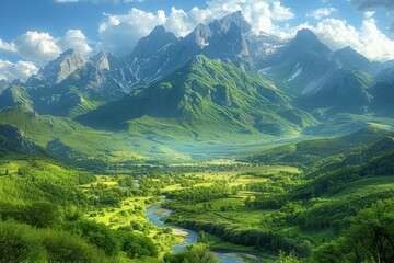 Obraz premium Mountains with a river running through them and a valley below
