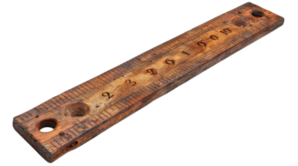 A worn wooden ruler with numbers marked in inches.  The ruler has two holes near the top.