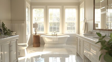 Elegant and bright bathroom interior featuring a freestanding tub and plantation shutters, exuding a serene and luxurious ambiance. 