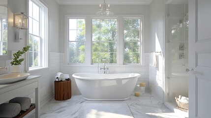 Bright and airy modern bathroom with a freestanding tub and natural lighting 