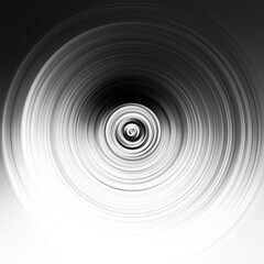 Black and white radial motion effect. Abstract rounded background. Grayscale curves and sphere. Monochrome gradient rings and circles wallpaper. Colorless texture backdrop and banner.