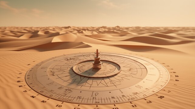 A sundial in the middle of a vast desert with sand dunes under a clear sky.