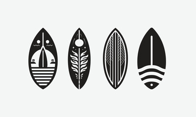 Modern sketch-style surfboards for water sports in black and white shades