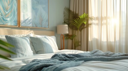 close up. bedroom furniture with elegant nuances there are wall paintings, bed lamps, large windows, white curtains, sunlight enters the room.