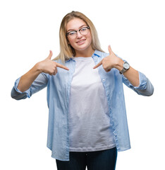 Young caucasian business woman wearing glasses over isolated background looking confident with...