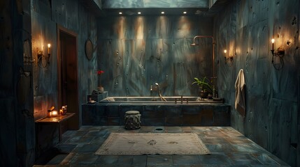 Luxurious dark-toned bathroom with a freestanding tub, candles, and rustic ambiance for relaxation and tranquility 