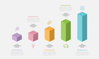 Vector infographic elements with 5 step shapes or square bar options suitable for web presentations and business information.