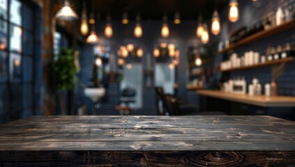 Empty old wooden surface on a blurred background of the barbershop. blank table on the background of a storage. Mock-up of a showcase for demonstrating products and tools. Copy space