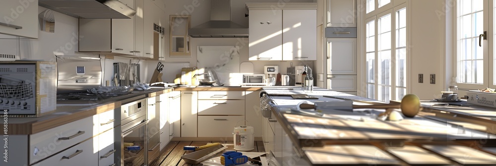 Poster renovating a modern kitchen with new cabinets and a countertop in progress. tools, materials, and na