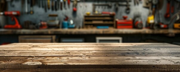 Empty wooden surface on a blurred background of the garage or home workshop. empty metal workbench on the background of a storage Mock-up of a showcase for demonstrating products and tools. Copy space