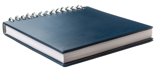 Closed spiral bound notebook with blue cover.