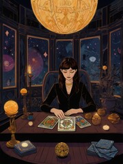  An illustration of a girl practicing tarot. She is sitting in a room with tarot cards in her hands, next to a magic ball. She is wearing a black suit. The atmosphere of magic and wizardry.