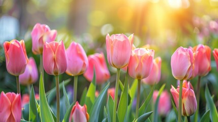 Blooming tulips in spring garden