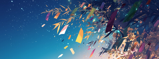 Tranquil Tanabata Night - Heavenly Bamboo Leaves with Starry Sky Illustration - 静かな七夕の夜 - 天の笹の葉と星空のイラスト