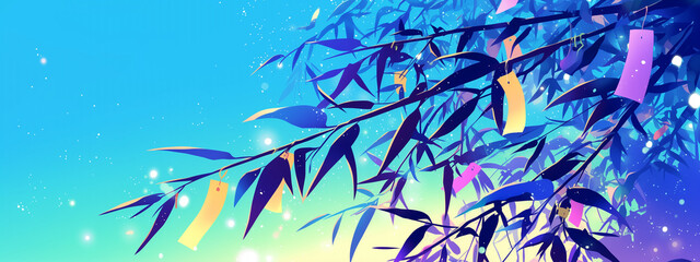 Tanabata Night - Heavenly Bamboo Leaves with Starry Sky Illustration - 七夕の夜 - 天の笹の葉と星空のイラスト