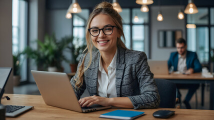 Fototapeta premium Portrait of happy business woman wearing glasses at workplace in office. Young handsome female worker using modern laptop
