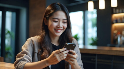 Smiling young asian woman using mobile phone and credit card for mobile banking, digital payment via mobile app.