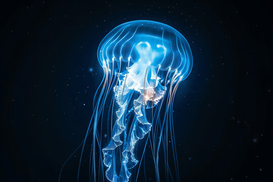 jellyfish in the water, A mesmerizing 4K digital wallpaper featuring a glowing jellyfish against a black background