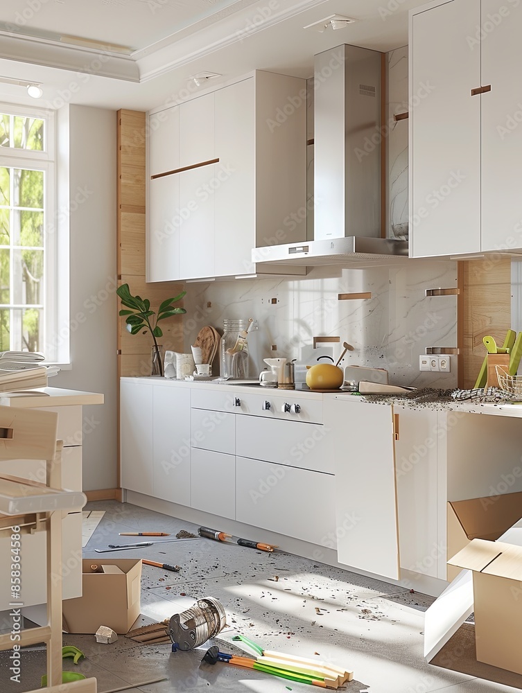 Poster modern kitchen under renovation with new white cabinets and countertops being installed. tools and d