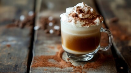 A glass of creamy cappuccino topped with whipped cream and cocoa powder on rustic wooden table.