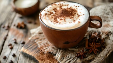 A warm cup of cappuccino with cinnamon and chocolate on a rustic wooden table with cozy decor.
